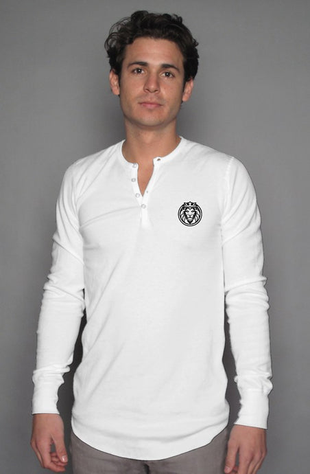 Kingsley Lane White LS Henley - Black Logo